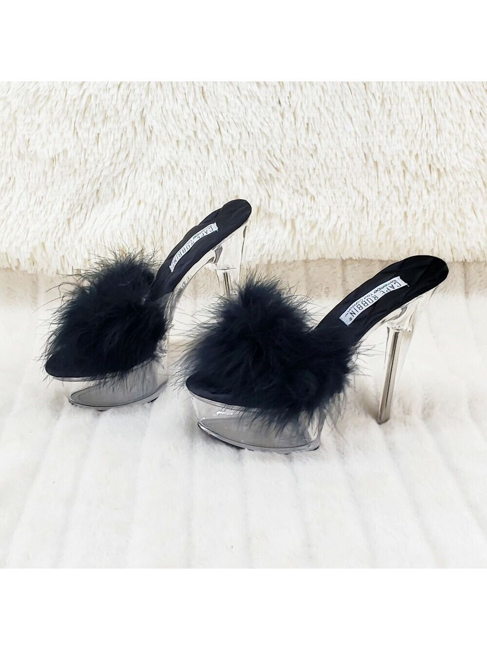 NIB Maren Marabou Feather Slip On Platform Sandals 6" Stiletto Heel Shoes Black